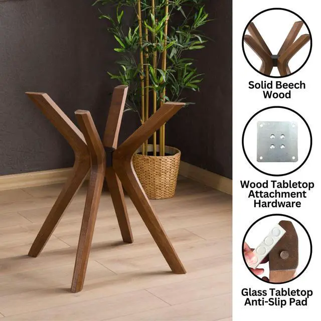 Alt view image 2 of 5 - Mid Century Solid Beech Wood Modern Dining Table Base Only, Pedestal Table Bases, Wooden Legs for Kitchen Tables, Glass Top Wood Top Assembly Tools (Glass Tabletop Anti-Slip Pads, Walnut)