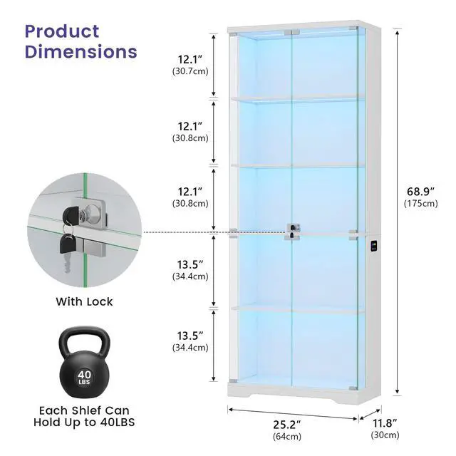 Alt view image 2 of 6 - Display Cabinet with Glass Doors, 69" Tall Curio Cabinet with RGB Lights and 5-Tier Shelves for Collectibles, Figures, Lockable Display Case for Books, Living Room, White