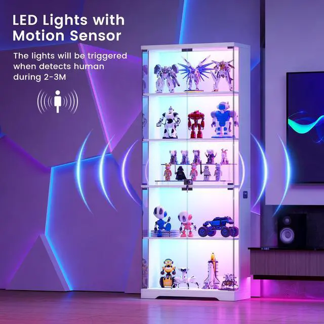 Alt view image 4 of 6 - Display Cabinet with Glass Doors, 69" Tall Curio Cabinet with RGB Lights and 5-Tier Shelves for Collectibles, Figures, Lockable Display Case for Books, Living Room, White