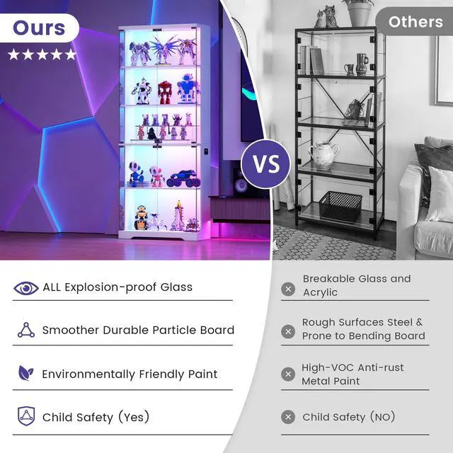 Alt view image 5 of 6 - Display Cabinet with Glass Doors, 69" Tall Curio Cabinet with RGB Lights and 5-Tier Shelves for Collectibles, Figures, Lockable Display Case for Books, Living Room, White