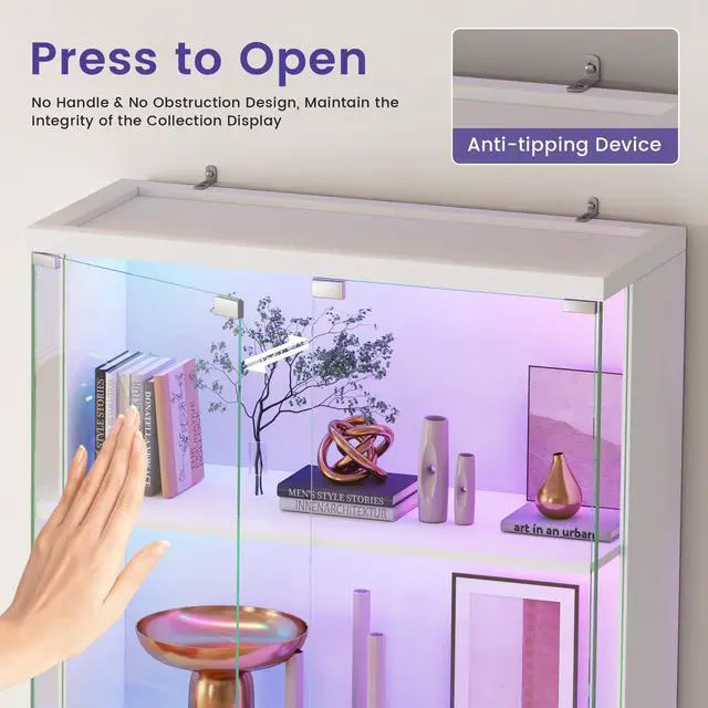 Alt view image 6 of 6 - Display Cabinet with Glass Doors, 69" Tall Curio Cabinet with RGB Lights and 5-Tier Shelves for Collectibles, Figures, Lockable Display Case for Books, Living Room, White