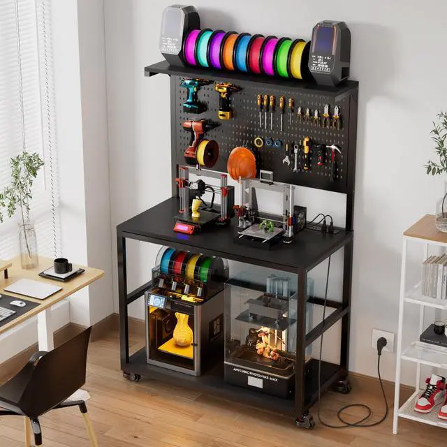 Main image of 3D Printer Stand with Filament Storage Workstation, Large Mobile 3D Printer Workbench with AC/USB Power Hub and LED Lights, Heavy Duty Printer Shelf with Pegboard for Studio Garage,Black,Big