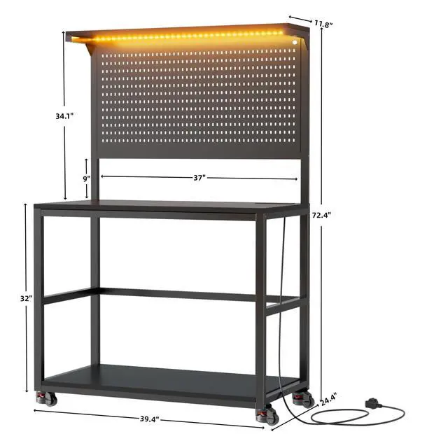 Alt view image 2 of 6 - 3D Printer Stand with Filament Storage Workstation, Large Mobile 3D Printer Workbench with AC/USB Power Hub and LED Lights, Heavy Duty Printer Shelf with Pegboard for Studio Garage,Black,Big