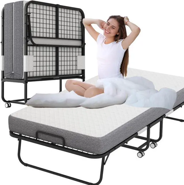 Main image of Folding Bed with Mattress for Adults 75" x 38" with 5" Memory Foam Mattress Portable Foldable Folded Extra Guest Bed Twin Size Lockable Wheels Space-Saving Sturdy Metal Frame Grid