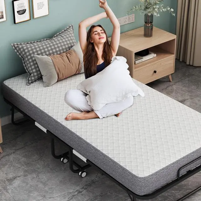 Alt view image 2 of 6 - Folding Bed with Mattress for Adults 75" x 38" with 5" Memory Foam Mattress Portable Foldable Folded Extra Guest Bed Twin Size Lockable Wheels Space-Saving Sturdy Metal Frame Grid