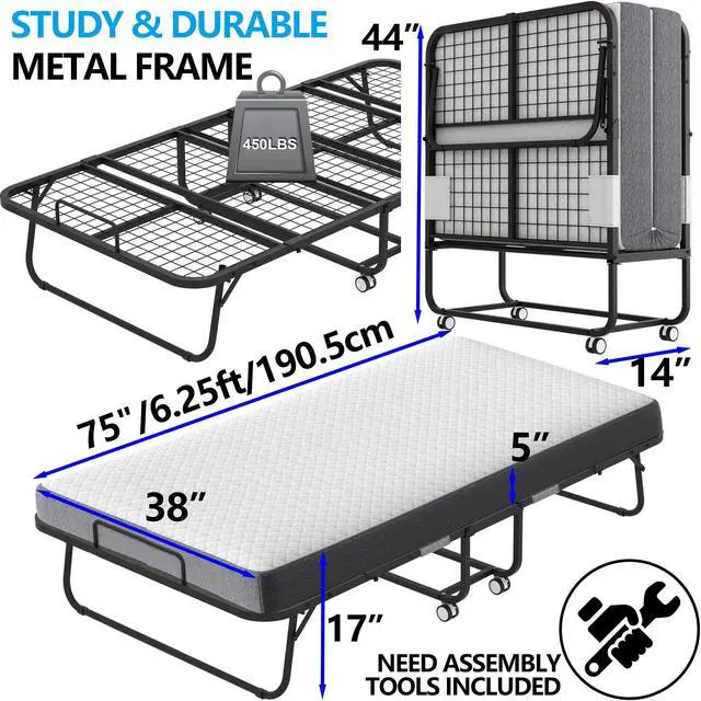 Alt view image 3 of 6 - Folding Bed with Mattress for Adults 75" x 38" with 5" Memory Foam Mattress Portable Foldable Folded Extra Guest Bed Twin Size Lockable Wheels Space-Saving Sturdy Metal Frame Grid
