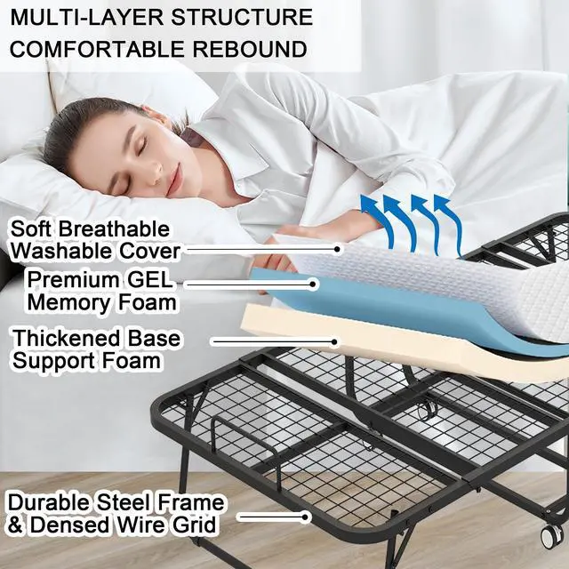 Alt view image 4 of 6 - Folding Bed with Mattress for Adults 75" x 38" with 5" Memory Foam Mattress Portable Foldable Folded Extra Guest Bed Twin Size Lockable Wheels Space-Saving Sturdy Metal Frame Grid