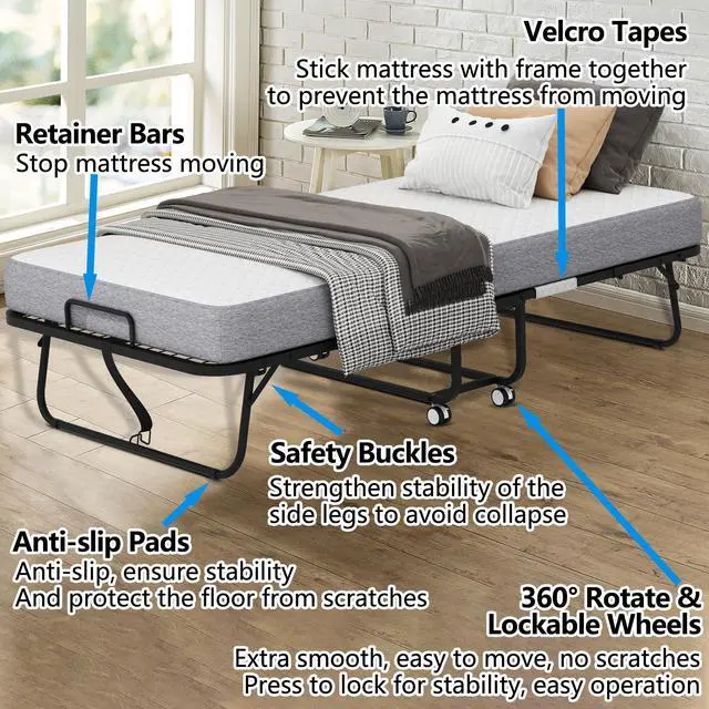 Alt view image 5 of 6 - Folding Bed with Mattress for Adults 75" x 38" with 5" Memory Foam Mattress Portable Foldable Folded Extra Guest Bed Twin Size Lockable Wheels Space-Saving Sturdy Metal Frame Grid