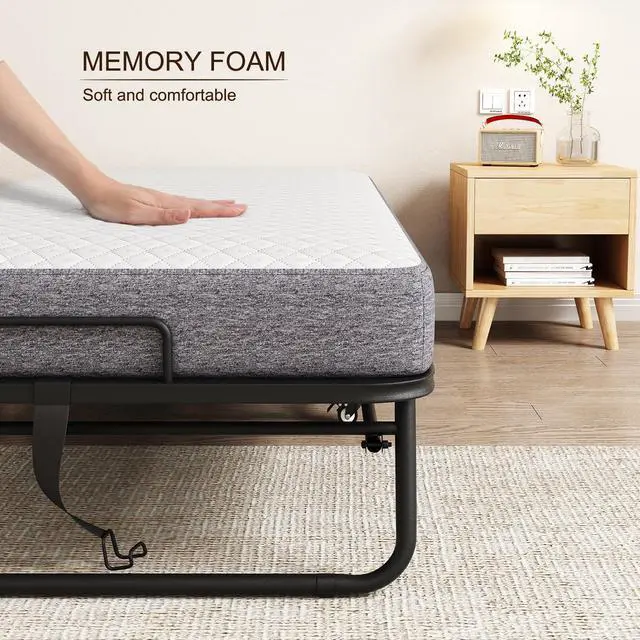 Alt view image 6 of 6 - Folding Bed with Mattress for Adults 75" x 38" with 5" Memory Foam Mattress Portable Foldable Folded Extra Guest Bed Twin Size Lockable Wheels Space-Saving Sturdy Metal Frame Grid