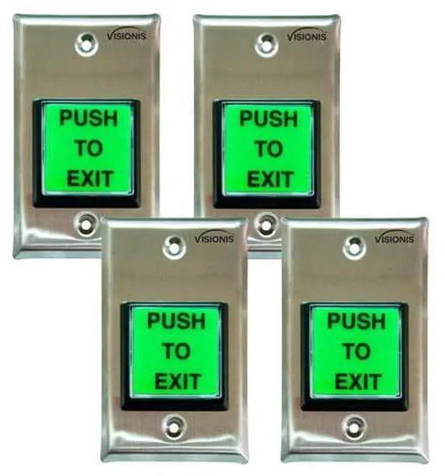 Main image of 4 Pack FPC-7492 VIS-7000 Green Square Push to Exit Button Stainless Steel for Door Access Control with LED Light, NC, COM and NO Outputs