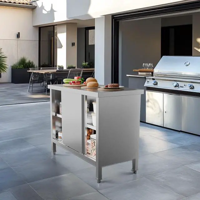 Alt view image 2 of 5 - Stainless Steel Table with Cabinet, 39" x 19" Commercial Kitchen Workbench for Pre Work with Sliding Doors, Large Space Storage for Kitchen Restaurant Hotel Garage Warehouse