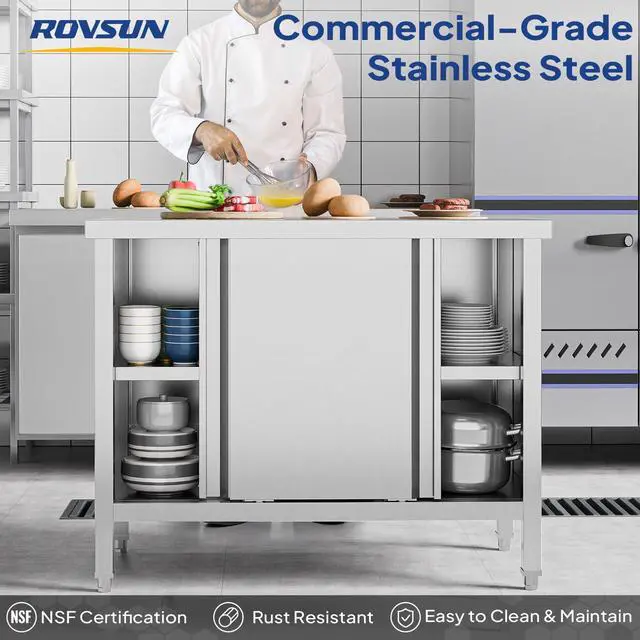 Alt view image 4 of 5 - Stainless Steel Table with Cabinet, 39" x 19" Commercial Kitchen Workbench for Pre Work with Sliding Doors, Large Space Storage for Kitchen Restaurant Hotel Garage Warehouse