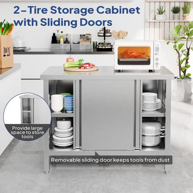 Alt view image 5 of 5 - Stainless Steel Table with Cabinet, 39" x 19" Commercial Kitchen Workbench for Pre Work with Sliding Doors, Large Space Storage for Kitchen Restaurant Hotel Garage Warehouse