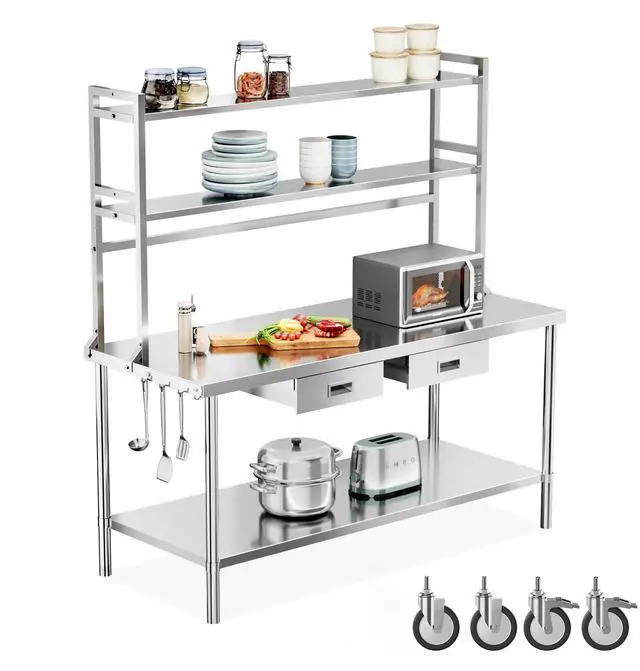 Main image of Stainless Steel Table with Wheels & Overshelves 48" X 24", NSF Commercial Heavy Duty Pre Table with Drawers & Adjustable Undershelf,Metal Table with Detachable Hooks for Kitchen Restaurant