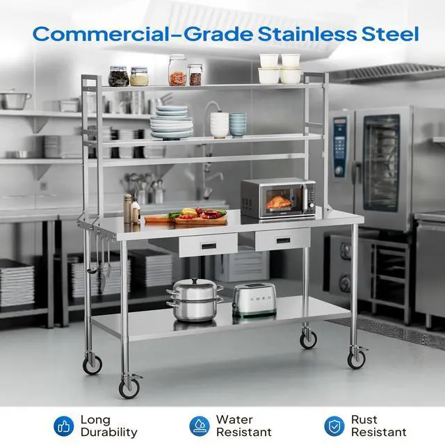 Alt view image 2 of 6 - Stainless Steel Table with Wheels & Overshelves 48" X 24", NSF Commercial Heavy Duty Pre Table with Drawers & Adjustable Undershelf,Metal Table with Detachable Hooks for Kitchen Restaurant