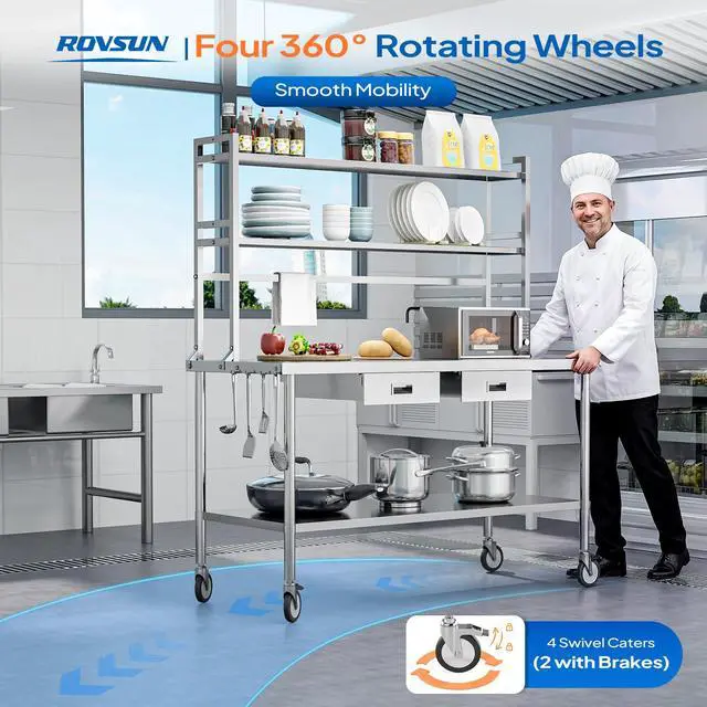 Alt view image 3 of 6 - Stainless Steel Table with Wheels & Overshelves 48" X 24", NSF Commercial Heavy Duty Pre Table with Drawers & Adjustable Undershelf,Metal Table with Detachable Hooks for Kitchen Restaurant