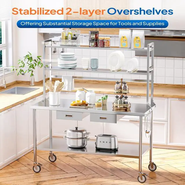 Alt view image 4 of 6 - Stainless Steel Table with Wheels & Overshelves 48" X 24", NSF Commercial Heavy Duty Pre Table with Drawers & Adjustable Undershelf,Metal Table with Detachable Hooks for Kitchen Restaurant