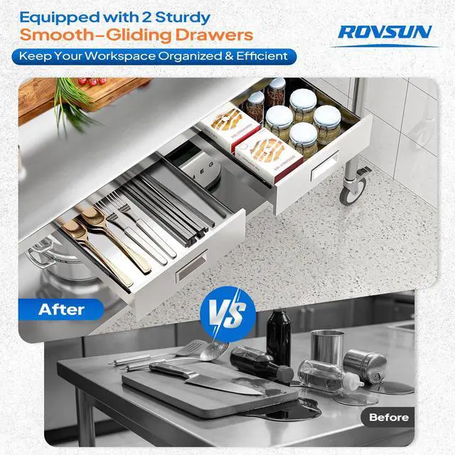 Alt view image 5 of 6 - Stainless Steel Table with Wheels & Overshelves 48" X 24", NSF Commercial Heavy Duty Pre Table with Drawers & Adjustable Undershelf,Metal Table with Detachable Hooks for Kitchen Restaurant