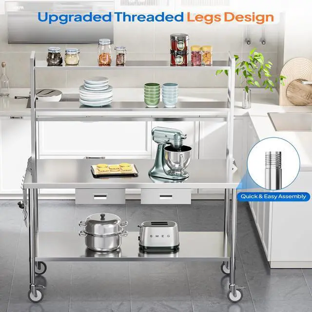 Alt view image 6 of 6 - Stainless Steel Table with Wheels & Overshelves 48" X 24", NSF Commercial Heavy Duty Pre Table with Drawers & Adjustable Undershelf,Metal Table with Detachable Hooks for Kitchen Restaurant