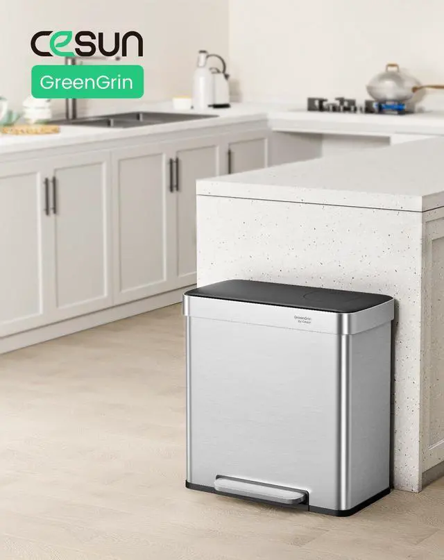 Alt view image 2 of 6 - GreenGrin Kitchen Trash Can, 2x8 Gallon Dual Compartment Trash and Recycle Bin Combo, Double Stainless Steel Step Garbage Can with Lid,Recycling Push Flap,Removable Inner Buckets,30L+30L(Sliver)