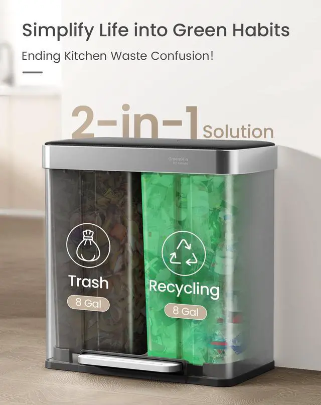 Alt view image 4 of 6 - GreenGrin Kitchen Trash Can, 2x8 Gallon Dual Compartment Trash and Recycle Bin Combo, Double Stainless Steel Step Garbage Can with Lid,Recycling Push Flap,Removable Inner Buckets,30L+30L(Sliver)