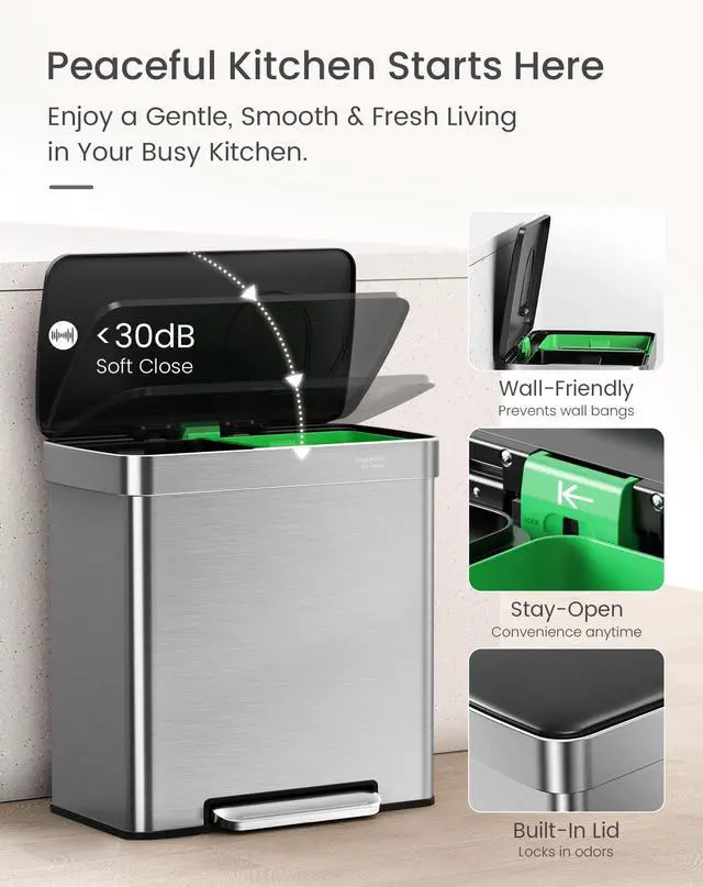 Alt view image 5 of 6 - GreenGrin Kitchen Trash Can, 2x8 Gallon Dual Compartment Trash and Recycle Bin Combo, Double Stainless Steel Step Garbage Can with Lid,Recycling Push Flap,Removable Inner Buckets,30L+30L(Sliver)