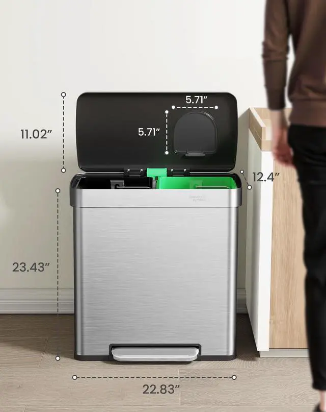 Alt view image 6 of 6 - GreenGrin Kitchen Trash Can, 2x8 Gallon Dual Compartment Trash and Recycle Bin Combo, Double Stainless Steel Step Garbage Can with Lid,Recycling Push Flap,Removable Inner Buckets,30L+30L(Sliver)
