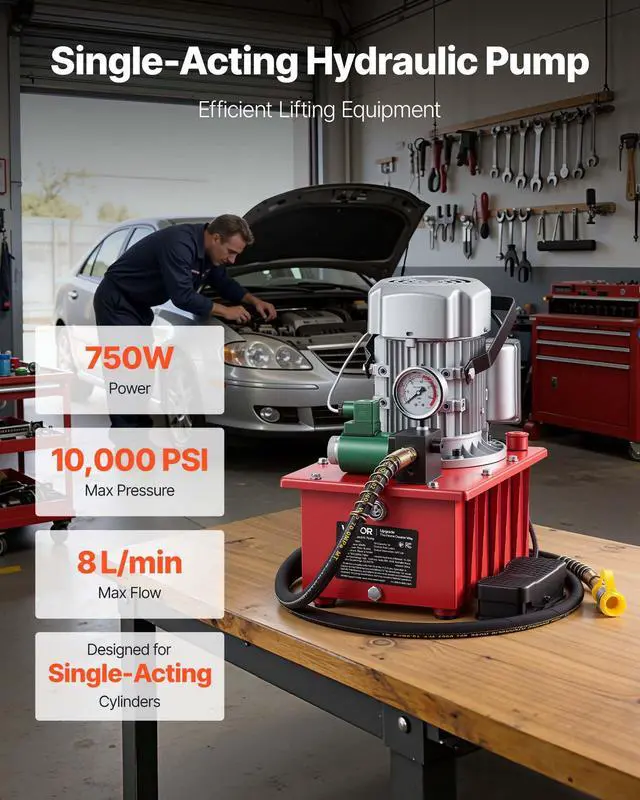 Alt view image 2 of 6 - Electric Driven Hydraulic Pump, 750W 10,000 PSI, 120V Single Acting Hydraulic Pump Power Pack Unit, Solenoid Valve with Pedal Switch, 2.1 Gal / 8L, for Punching, Bending, Single Acting Cylinders