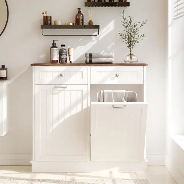 Main image of Double Tilt Out Trash Can Cabinet, 20 Gallon Hidden Trash Storage Cabinet with 2 Hideaway Drawers, Freestanding Trash Can for Kitchen, Wooden Laundry Hamper Cabinet, Pet Proof (White-Walnut)