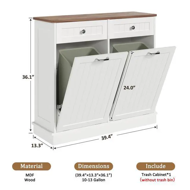 Alt view image 2 of 6 - Double Tilt Out Trash Can Cabinet, 20 Gallon Hidden Trash Storage Cabinet with 2 Hideaway Drawers, Freestanding Trash Can for Kitchen, Wooden Laundry Hamper Cabinet, Pet Proof (White-Walnut)