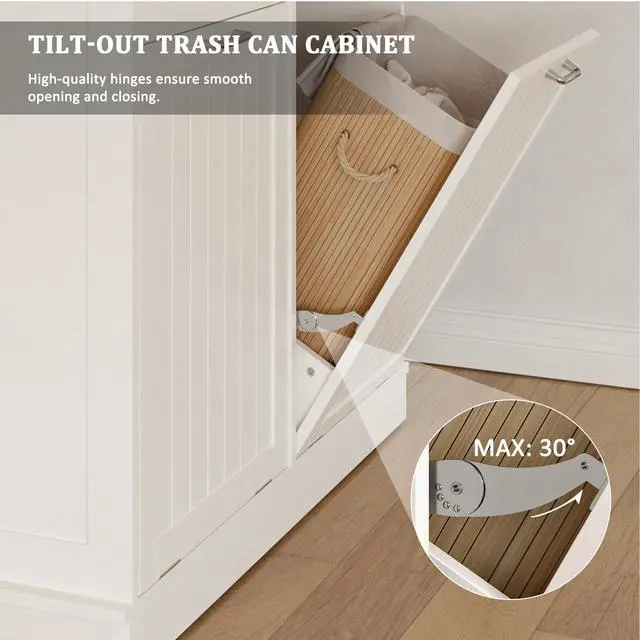 Alt view image 3 of 6 - Double Tilt Out Trash Can Cabinet, 20 Gallon Hidden Trash Storage Cabinet with 2 Hideaway Drawers, Freestanding Trash Can for Kitchen, Wooden Laundry Hamper Cabinet, Pet Proof (White-Walnut)