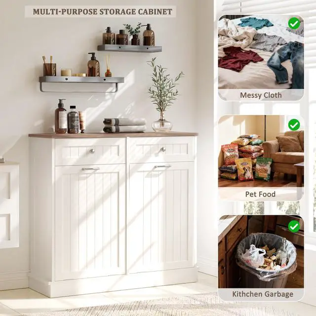 Alt view image 4 of 6 - Double Tilt Out Trash Can Cabinet, 20 Gallon Hidden Trash Storage Cabinet with 2 Hideaway Drawers, Freestanding Trash Can for Kitchen, Wooden Laundry Hamper Cabinet, Pet Proof (White-Walnut)