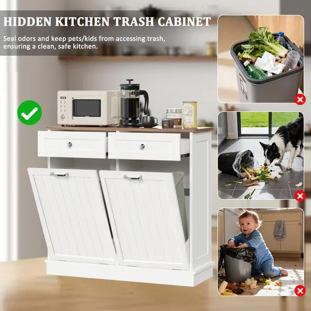 Alt view image 5 of 6 - Double Tilt Out Trash Can Cabinet, 20 Gallon Hidden Trash Storage Cabinet with 2 Hideaway Drawers, Freestanding Trash Can for Kitchen, Wooden Laundry Hamper Cabinet, Pet Proof (White-Walnut)