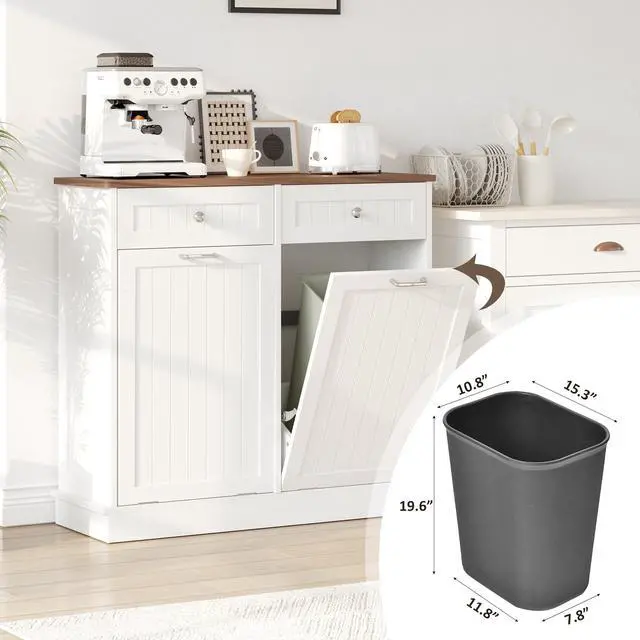 Alt view image 6 of 6 - Double Tilt Out Trash Can Cabinet, 20 Gallon Hidden Trash Storage Cabinet with 2 Hideaway Drawers, Freestanding Trash Can for Kitchen, Wooden Laundry Hamper Cabinet, Pet Proof (White-Walnut)