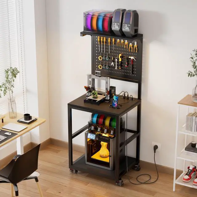 Alt view image 2 of 6 - 3D Printer Stand with Filament Storage Workbench,3D Printer Table with Charging Station & LED Lights,Heavy Duty Rolling Printer Desk with Pegboard for Workshop,Office,Garage