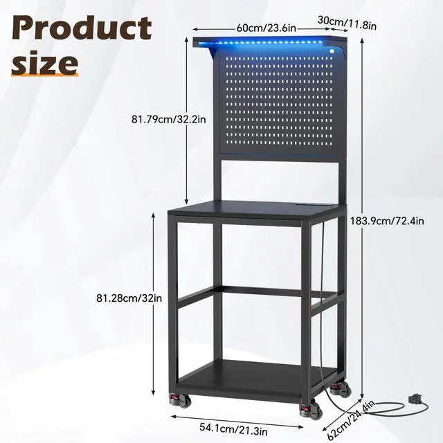 Alt view image 3 of 6 - 3D Printer Stand with Filament Storage Workbench,3D Printer Table with Charging Station & LED Lights,Heavy Duty Rolling Printer Desk with Pegboard for Workshop,Office,Garage