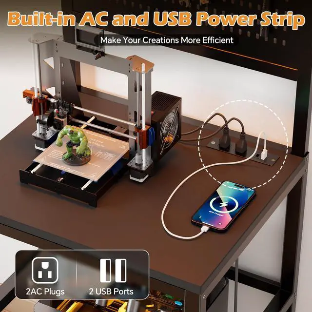 Alt view image 6 of 6 - 3D Printer Stand with Filament Storage Workbench,3D Printer Table with Charging Station & LED Lights,Heavy Duty Rolling Printer Desk with Pegboard for Workshop,Office,Garage