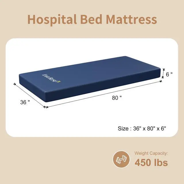 Alt view image 2 of 6 - Hospital Bed Mattress for Home & Clinical Use 80 x 36 x 6 | Medical Bed Mattress for Back Pain with Waterproof Cover, Home Care Memory Foam, Maximum Weight 450 lbs