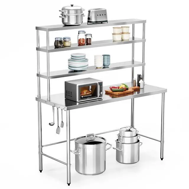 Main image of Open Base Stainless Steel Table with Overshelves 48" X 24", NSF Commercial Heavy Duty Pre Table with Adjustable Undershelf & Detachable Hooks for Kitchen Restaurant
