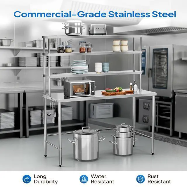 Alt view image 2 of 6 - Open Base Stainless Steel Table with Overshelves 48" X 24", NSF Commercial Heavy Duty Pre Table with Adjustable Undershelf & Detachable Hooks for Kitchen Restaurant