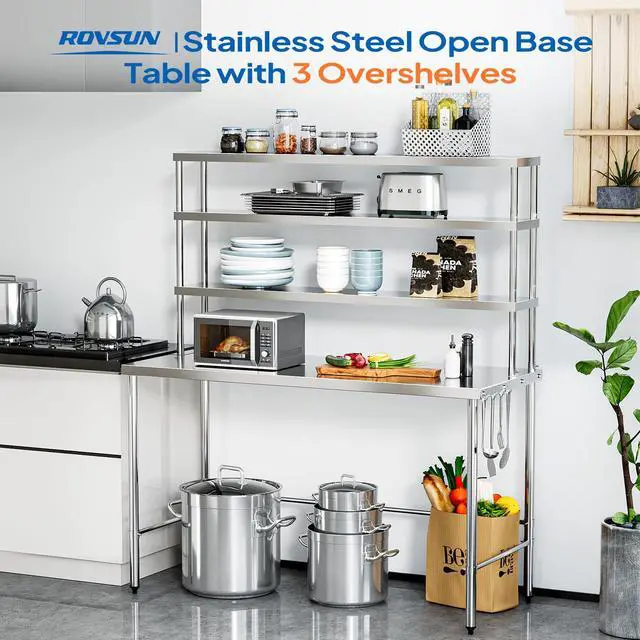 Alt view image 3 of 6 - Open Base Stainless Steel Table with Overshelves 48" X 24", NSF Commercial Heavy Duty Pre Table with Adjustable Undershelf & Detachable Hooks for Kitchen Restaurant