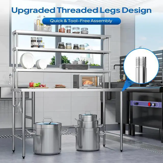 Alt view image 5 of 6 - Open Base Stainless Steel Table with Overshelves 48" X 24", NSF Commercial Heavy Duty Pre Table with Adjustable Undershelf & Detachable Hooks for Kitchen Restaurant