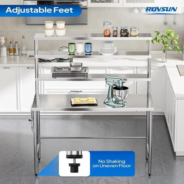 Alt view image 6 of 6 - Open Base Stainless Steel Table with Overshelves 48" X 24", NSF Commercial Heavy Duty Pre Table with Adjustable Undershelf & Detachable Hooks for Kitchen Restaurant