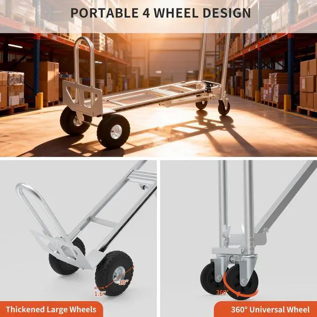 Alt view image 5 of 6 - Aluminum Convertible Hand Truck, 800lbs 3 in 1 Folding Dolly Cart Lightweight Frame,Heavy Duty Industrial Platform Cart Handtruck for Construction, Logistics, Shopping, Home, Office Moving (Silver)