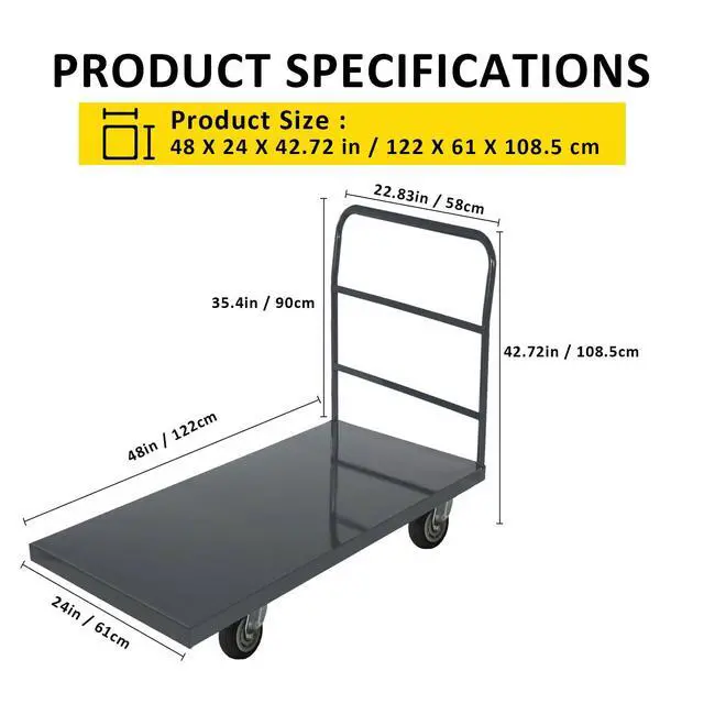 Alt view image 3 of 6 - Heavy Duty Platform Truck Moving Flatbed Cart, 24"x48"Push Dolly, 2000 LBS Dolly Cart Flatform with Wheels and Handle, Steel Flatbed Cart for Luggage Moving, Shopping