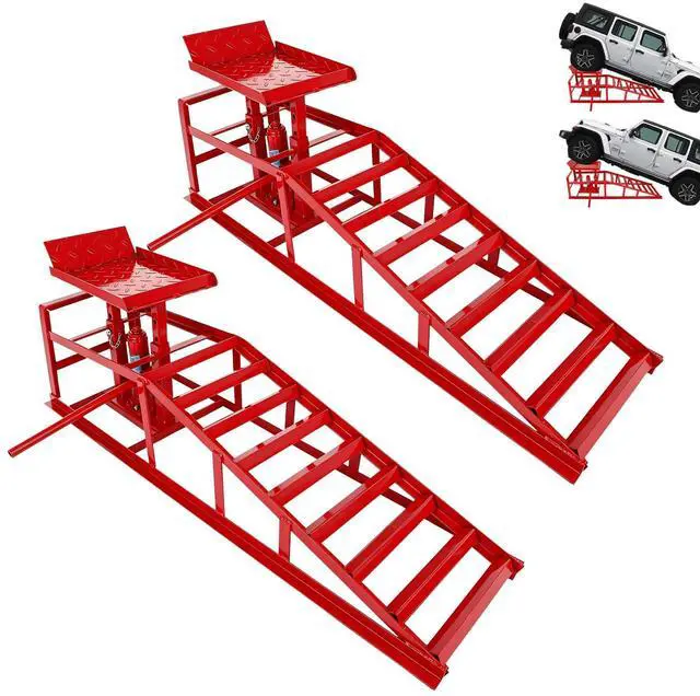 Main image of 2 Pcs Red Hydraulic Car Ramps 5 Ton (11,000 LBS) Heavy Duty Steel Car Lift Ramps with Hydraulic Jack for Oil Changes & Truck Repair, Truck Trailer Garage Vehicle Ramps