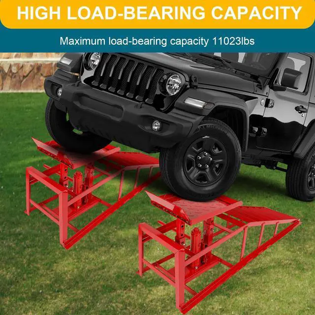 Alt view image 2 of 6 - 2 Pcs Red Hydraulic Car Ramps 5 Ton (11,000 LBS) Heavy Duty Steel Car Lift Ramps with Hydraulic Jack for Oil Changes & Truck Repair, Truck Trailer Garage Vehicle Ramps