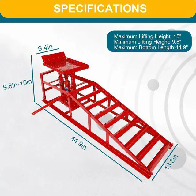 Alt view image 3 of 6 - 2 Pcs Red Hydraulic Car Ramps 5 Ton (11,000 LBS) Heavy Duty Steel Car Lift Ramps with Hydraulic Jack for Oil Changes & Truck Repair, Truck Trailer Garage Vehicle Ramps