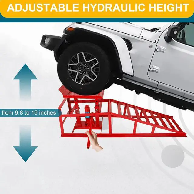 Alt view image 4 of 6 - 2 Pcs Red Hydraulic Car Ramps 5 Ton (11,000 LBS) Heavy Duty Steel Car Lift Ramps with Hydraulic Jack for Oil Changes & Truck Repair, Truck Trailer Garage Vehicle Ramps
