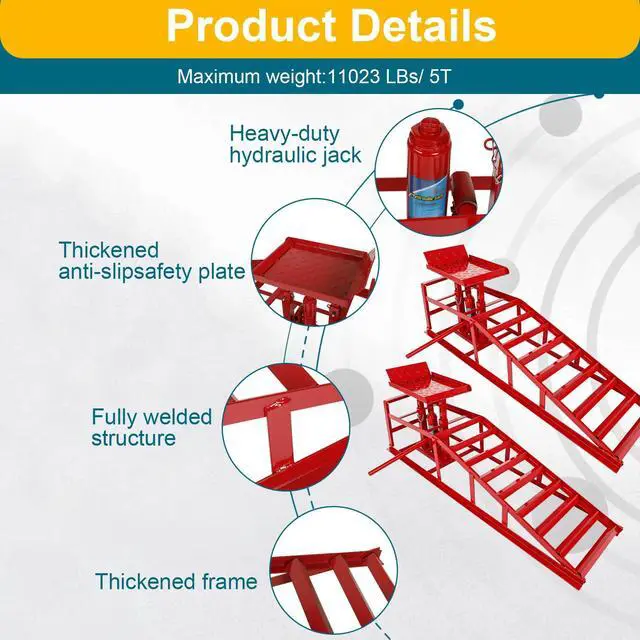 Alt view image 5 of 6 - 2 Pcs Red Hydraulic Car Ramps 5 Ton (11,000 LBS) Heavy Duty Steel Car Lift Ramps with Hydraulic Jack for Oil Changes & Truck Repair, Truck Trailer Garage Vehicle Ramps